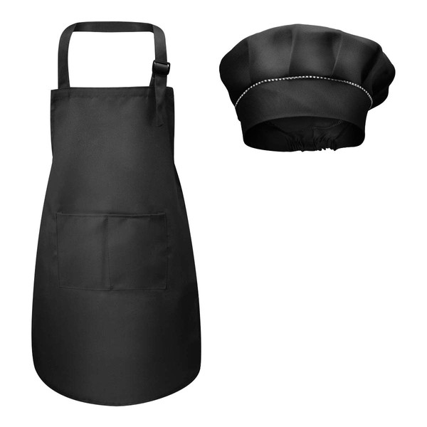 Fodlon Children's Apron + Chef Hat, Adjustable Kitchen Apron for Children with Pockets for Baking Painting, 4-12 Years (Black, L)