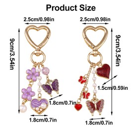 2Pcs Purple Pearl Butterfly Keychain Red Heart keychain Aesthetic Flower Bag Charm Cute Keychains for Women Phone Decorations Purse Charms for Handbags Phone Charm Womens Key Chians Backpack Charms