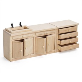 Odoria Dollhouse Kitchen Island Miniature : 1/12 Scale Table with Washbasin Drawer for Restaurant Bathroom Antique - Mini Unfinished Furniture Wood 2Pcs