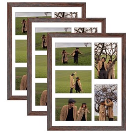 Frametory, 11x14 Picture Frame - Collage Multiple Photos, Distressed Brown Solid Wood Molding, Display 5 4x6 pictures with Mat or 14x11 without Mat - Real Glass Cover (Distressed Brown, 3pack)
