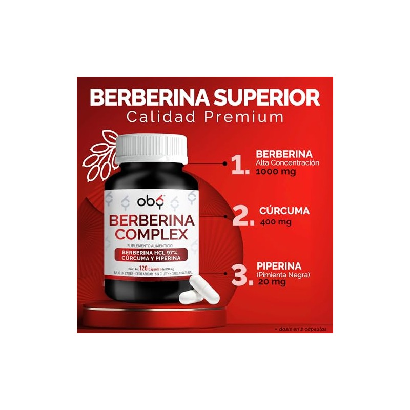 Berberina HCl Pura 120 caps Potenciada con Piperina y Cúrcuma