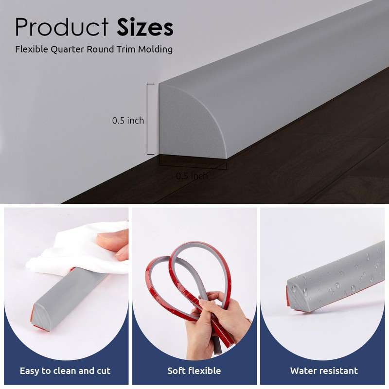 Flexible Quarter Round Molding, 118 Inch Peel and Stick Rubber