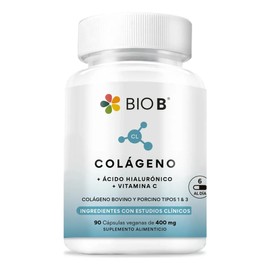 BIO B  Colágeno Hidrolizado 90 Cápsulas Veganas  Ácido Hialurónico  Vitamina C