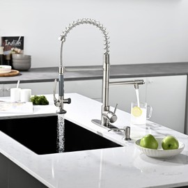 Fapully Commercial Pull Down Kitchen Sink Faucet with Sprayer Brushed Nickel Single Handle Faucet for Kitchen Sink, Kitchen Faucet with Soap Dispenser and Deck Plack for 4 Hole