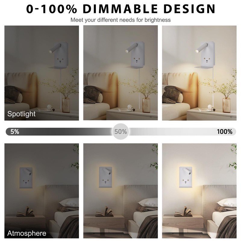 ZEROUNO LED Wall Lamp with USB-C/A Ports & Adjustable Headboard