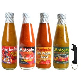Matouk's Calypso Flambeau West Indian and Hot Pepper Sauce 10 Ounce Variety Pack of 4 with Keychain Bottle Opener in Sealed O That's Good Packaging (Pack of 4)