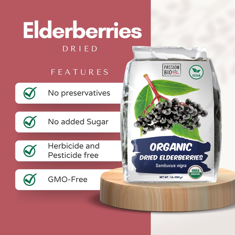 Dried Elderberries Organic 1 lb Bulk Bag - USDA Certified,