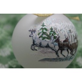 W005 Hand-made Christmas Ornament DEER - herd lead by white bounding in woods