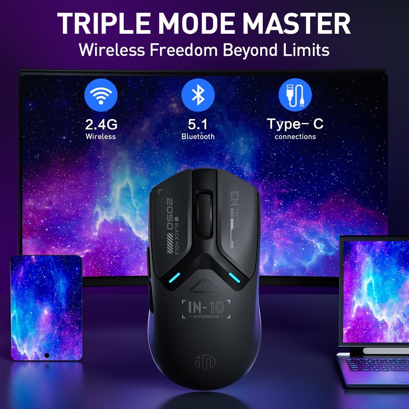 INPHIC IN10P Wireless Gaming Mouse, Tri-Mode 2.4G/ USB-C Wired/Bluetooth PC