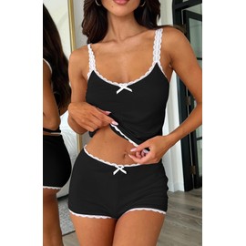 Cioatin Women 2 Piece Ribbed Y2K Pajama Set Sleeveless Lace Patchwork Crop Cami Tops and Shorts Lounge Sleepwear PJ Set Black