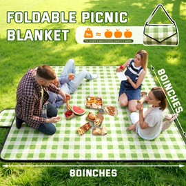 TigeJoy Extra Large Picnic Blanket Waterproof 79x79, 5-Layer Thick Beach Blanket Sandproof, Gingham Picnic Blanket Outdoor Picnic Mat for Beach, Park, Grass, Travel, Hiking, Camping Essentials