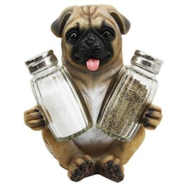 Adorable Hugging Tan Pug Dog Decorative Glass Salt Pepper Shakers Holder Resin Figurine By DWK