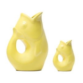 Gurgle Pot Fish Pitcher - Set of 2 - Lemon Yellow, French Inspired Design, Large Pitcher 42 oz. with matching baby Gurgle Pot