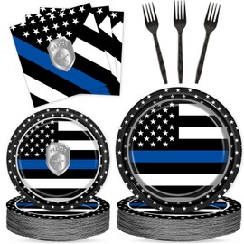 Qyeahkj 100Pcs Police Party Decorations for Congrats Officer Party Supplies Thin Blue Line Flag Plate Napkin Forks Disposable Police Department Badge Birthday Paper Tableware Dinnerware Serve 25