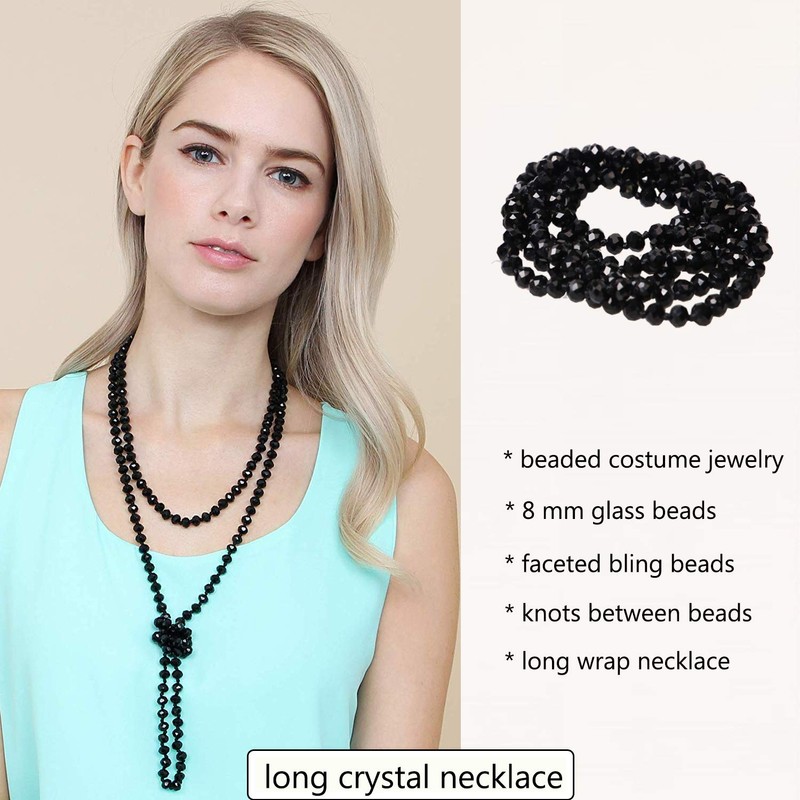 Ambrum Long Crystal Wrap Necklace Women Beaded Knotted Jewelry Champagne