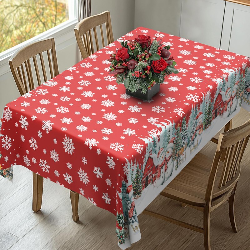 Rectangle Christmas Tablecloth 60x120 Inch, Farmhouse Red Snowman Snowflake Christmas