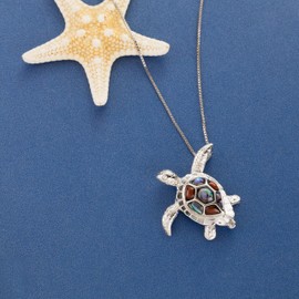 Aloha Jewelry Company 925 Sterling Silver Koa Wood and Abalone Shell Hawaiian Mauka to Makai 3D Turtle Necklace Pendant with 18" Box Chain, Nickel Free Hypoallergenic for Sensitive Skin, Gift Box Included (Medium, Koa Wood & Abalone)