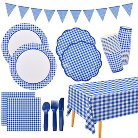Gatherfun Gingham Blue and White Party Supplies Disposable Paper Plates Napkins Cups Knives Spoons Forks Tablecloth Banner for Birthday Party Family Dinner Picnic Barbecue Father's Day Party, Serve 25
