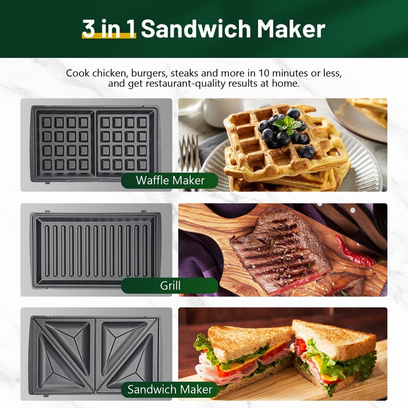 KEENSTAR 3 in 1 Electric Sandwich Maker, Waffle Maker with