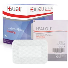 HEALQU Bordered Gauze Island Dressing - 50 Count, 2.4"x4" Sterile Individually Wrapped Gauze Pads with Water-Resistant, Non-Woven Backing - Soft and Breathable Wound Dressing for First Aid & Medical