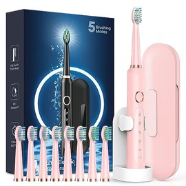 Rtauys Sonic - Cepillos de dientes eléctricos recargables para adultos con 8 cabezales de cepillo para polvo y estuche de viaje, blanqueamiento de dientes, cepillo para polvo de dientes eléctrico con