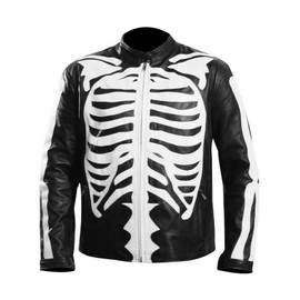 CHICAGO-FASHIONS Mens Skeleton Bones Black Genuine Leather Jacket - Cafe Racer Biker Skull Motorcycle Jacket