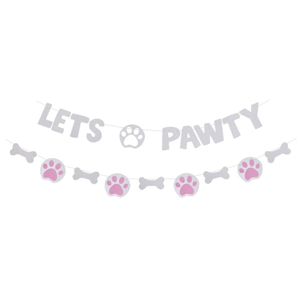 Let's Pawty Banner for Pet Theme Birthday Baby Girl Birthday Pet Adoption Party Supplies Doggie Bone Photo Props - 2 Strands - Silver and Pink