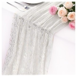 Axvxby Table Runner Silver Glitter 70 x 300 cm Chiffon Table Decoration Wedding Birthday Party Table Runner Transparent Elegant Decoration for Kitchen Indoor Festive Table Decoration (Silver)