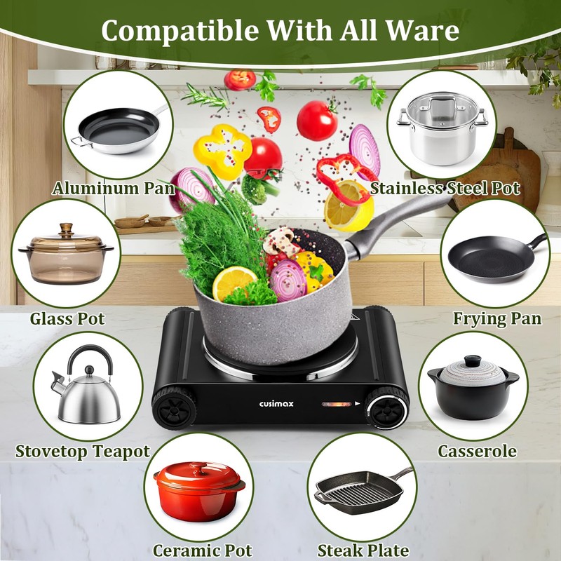 Cusimax Hot Plate,1500W Hot Plate Electric with 7.4″Cast Iron Countertop