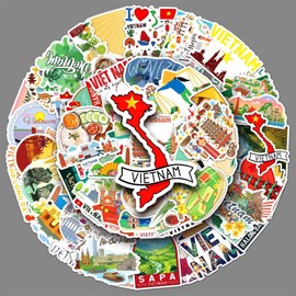 Vietnam Stickers 50 Pcs Vinyl Cartoon Funny Vietnam Style Stickers for Water Bottle Skateboard Scrapbooking Laptop Cars Bicycle Luggage Computer,Waterproof Travel Vacation Sticker for Kids Teens