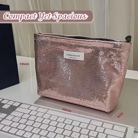 NICECONE Shiny Glitter Makeup Bag - Sparkly Bling Double Layer Cosmetic Bag with Zipper, 19x26cm Portable Toiletry Pouch for Women, Waterproof Travel Makeup Organizer, Pink