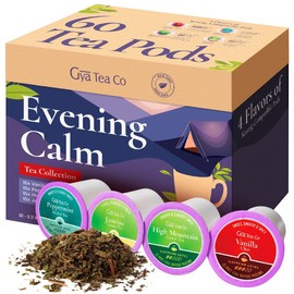 Gya Tea Co Evening Calm Tea Pods Tea Gift Set (60ct) - Assorted Tea Variety Pack with Vanilla Chai, Peppermint, High Mountain, Jasmine Green Tea 4 Flavors - Christmas Tea Lovers Get Well Gifts