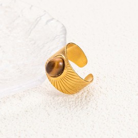 CHAKRA HEALING REIKI CHR Wide Band Ring for Women, Stainless Steel Gold Plated Adjustable Opening Ring Thick Chunky Turquoise/Tiger's-Eye Striped Ring Jewelry (Gold-B)