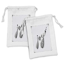 Lunarable JOY Fabric Pouch Set of 2, Typographic Design of Joy Word with Floral Hearts and Arrow Shapes Theme, Small Drawstring Bag for Toiletries Masks and Favors, 9" x 6", Black and White