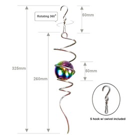 Fonmy Gazing Ball Spiral Tail -Decorative Wind Spinner 11 inch Tail and 2 inch Steel Orb. Indoor Outdoor Garden Decoration Silver Multi Color Ball -13 inch Height