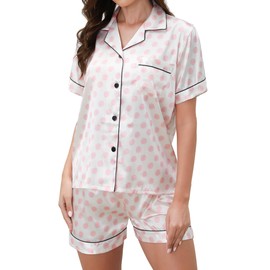 Yowmina Womens Satin Pajamas Set Shorts Sleeve Button Down Top and Shorts Sleepwear 2 Piece Silk Pjs Notch Collar Loungewear(White Pink Polka Dots_L)