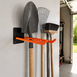 Double-Prong Wall-Mounted Garage Tool Hook for Shovels & Rakes, Black or Orange