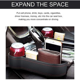 Car Seat Gap Filler, 2 Pack Multifunctional Car Seat Organizer with Cup Holder, Car Console Side Organizer for Cellphones, Wallets, Keys, Coin, Cards, Sunglasses, Passenger Side & Driver Side - Black