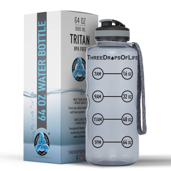 Three Drops of Life 64oz Hydration Tracking Large Sports Water Bottle, The Largest Time Tracker Sport Bottles, Best Daily Hydration Monitor with Time Reminders
