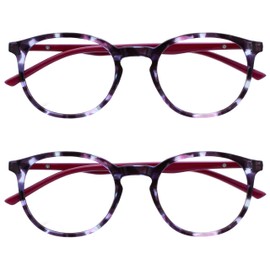 Opulize Met MM60-5 -1.00 Long Distance Glasses Pack of 2 Myopia Slim Round Frame Spring Hinges Scratch Resistant Purple Tortoiseshell Solid Temple Men Women