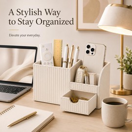 KINGFOM Luxury PU Leather Desk Organizer with Drawer, Modern Aesthetic Office Desk Accessories for Women, Multi-Compartment Pen Holder & Desktop Storage Organizer for Home Office, Cream White