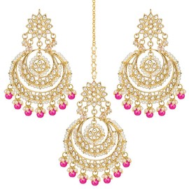 Aheli Bollywood Ethnic Chandbali Style Big Earrings Maang Tikka Set Traditional Fashion Jewelry for Women Dark Pink