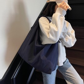 Extolove Slouchy Tote Bag Multipockets Nylon Purse Large Hobo Bags for Women Solid Color Crescent Handbag (Dark Blue)