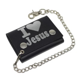 MARSHAL I Love Jesus RFID Protected Trifold Biker Men's Genuine Leather Steel Chain Wallet Snap closure (I Love Jesus)