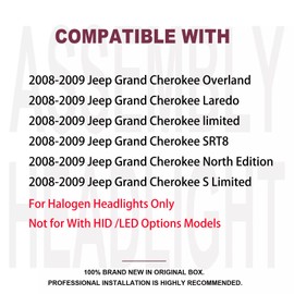 Aresparts 2PCS Headlight Assembly For 2008 2009 2010 Jeep Grand Cherokee(WK) Overland Laredo Limited SRT8 SUV Replacement Headlamps Black Housing Amber Reflector