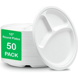PACK OF 50 - 10" 3 COMPARTMENT STRONG DISPOSABLE PLATES Super Rigid Biodegradable Dinner Plates Ecofriendly Party Plates USED FOR HOT & COLD Foods Ideal for Christmas Party Home Birthday Party Plates