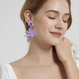 GUOXIAOMEI Flower Earrings for Women Flower Stud Earrings Double Flower Statement Earrings Boho Jewelry (Purple)