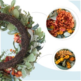 Egolot 24 Inch Fall Peony Eucalyptus Leaves Wreath for Front Door, Autumn Flower Berry Wreath for Indoor Outdoor, Welcome Wood Sign Wreath for Home Decor