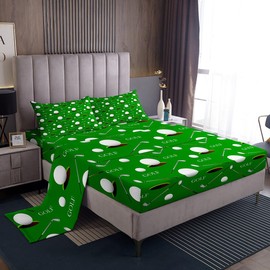 Manfei Golfs Kids Sheet Full Size,Modern Ball Sports Games Fashion Bedding Set,Boys Girls Adults Room Decor,Golf Club Golf Lovers Green Bright Bed Sheet Set 4pcs(Fitted + Flat + 2 Pillowcases)