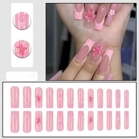 Press on Nails Long Square Fake Nails FrenchTip False Nails with 3D Flower Designs Glue on Nails Pink Glossy Artificial Nails Cute Stick on Nails for Women 24pcs